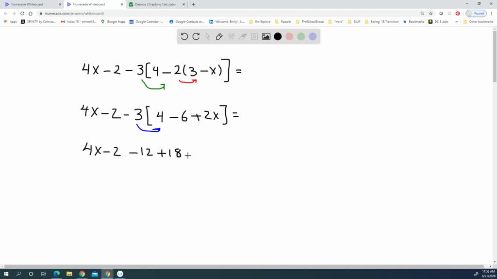 Simplify: 4 x-2-3[4-2(3-x)] (Section 1.2, \text