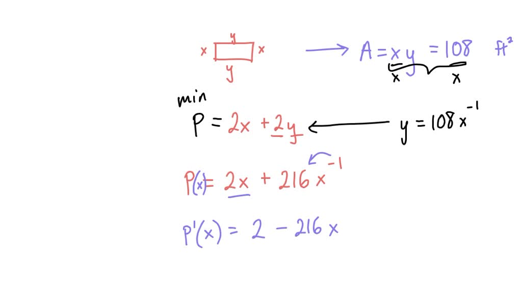 Find the dimensions of a rectangle with an area of 108 square feet that ...