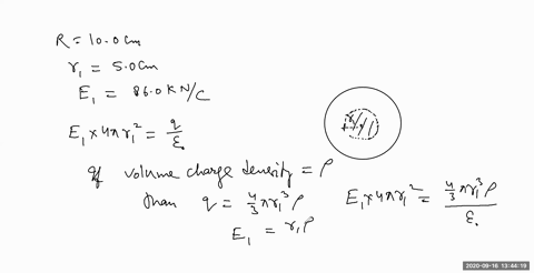 a-solid-plastic-sphere-of-radius-100-cm-has-charge-with-uniform-density-throughout-its-volume-the-el