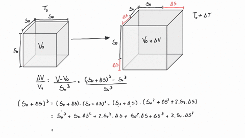 the-volume-of-a-solid-cube-with-side-s_0-at-temperature-t_0-is-v_0s_03-show-that-if-delta-s-s_0-the-