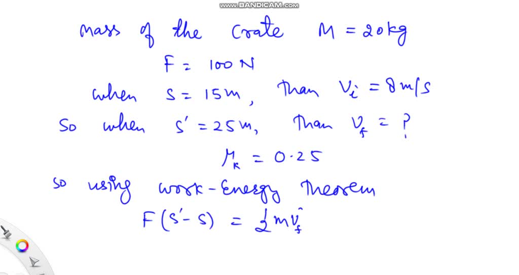 The 20 -kg crate is subjected to a force having a constant direction and a magnitude $F=100 \mathrm{N}$. When $s=15 \mathrm{m}$, the crate is moving to the right with a speed of $8 \mathrm{m} / \mathrm{s}$ Determine its speed when $s=25 \mathrm{m}$. The coefficient of kinetic friction between the crate and the ground is $\mu_{k}=0.25$