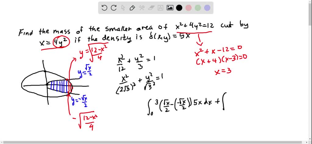 Solved Find The Mass Of A Thin Plate Occupying The Smaller Region Cut From The Ellipse X 2 4 Y 2 12 By The Parabola X 4 Y 2 If D X Y 5 X