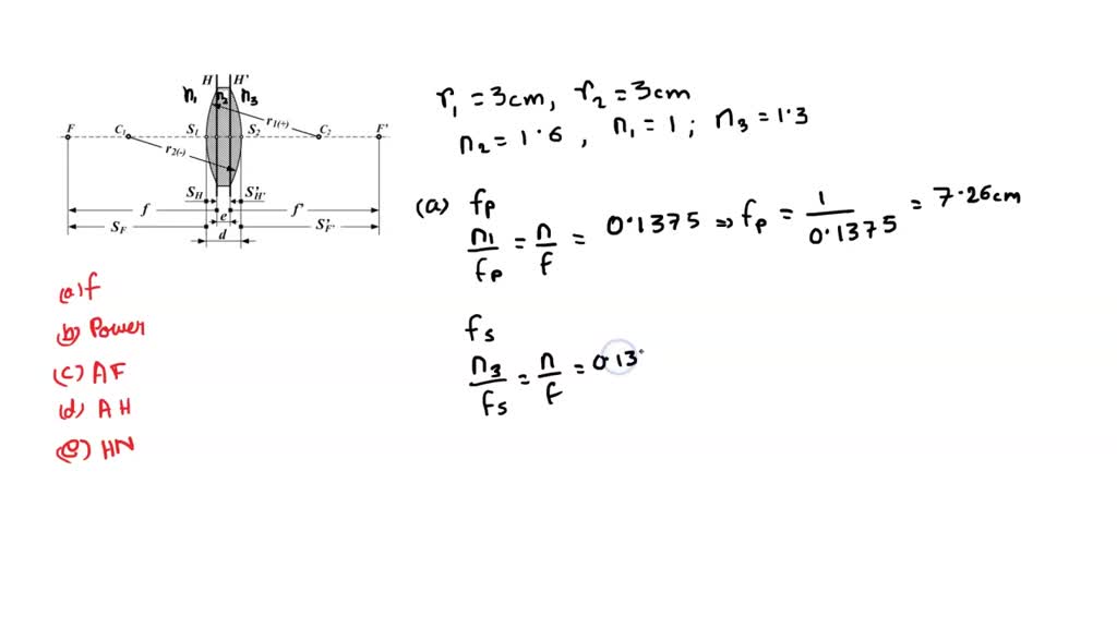 SOLVED:A glass lens with radii r1=+3.0 cm and r2=+3.0 cm has an index ...