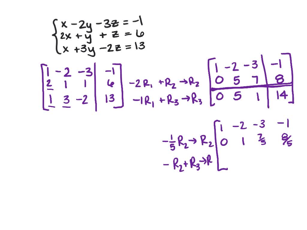 Use matrices to solve the system. { x-2 y-3 z= -1 2 x+y+z= 6 x+3 y-2 z ...