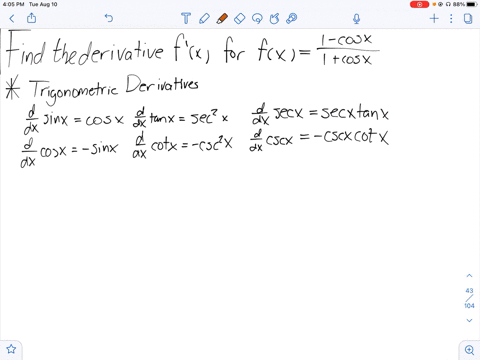 SOLVED: Find dy/dx for the following functions. y=(1-cosx)/(1+cosx ...