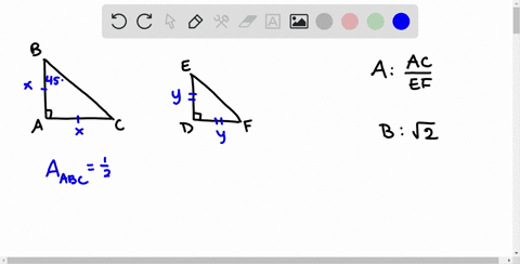 angle-a-b-c45circ-and-e-dd-f-the-area-of-triangle-a-b-c-is-4-times-the-area-of-triangle-d-e-f-quanti