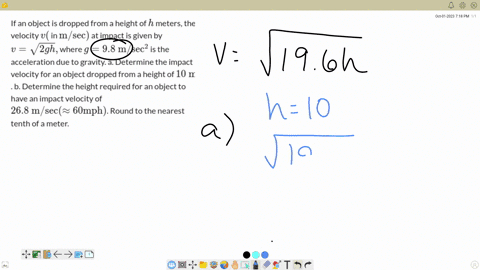 if-an-object-is-dropped-from-a-height-of-h-meters-the-velocity-v-in-mathrmm-mathrmsec-at-impact-is-g
