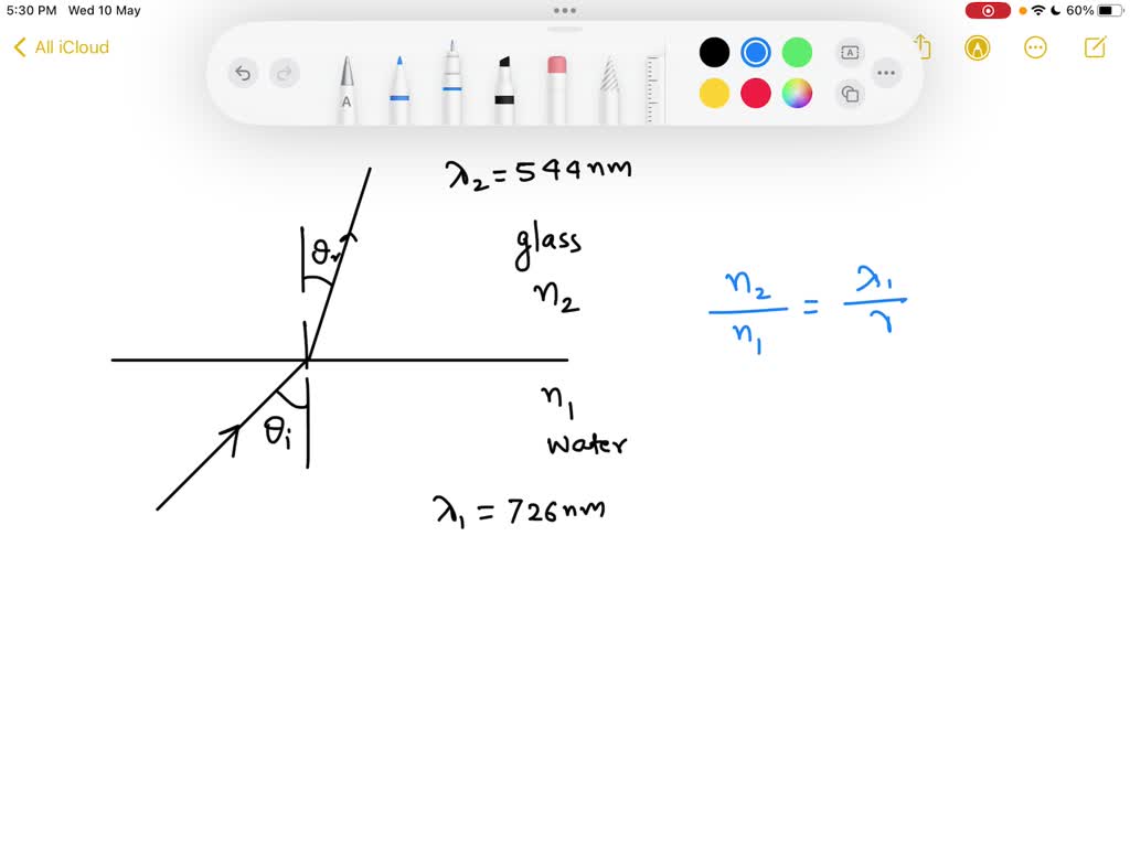 A ray of light traveling in water is incident on an interface with a flat piece of glass. The wavelength of the light in the water is 726 nm, and its wavelength in the glass is 544 nm. If the ray in water makes an angle of 56.0$^\circ$ with respect to the normal to the interface, what angle does the refracted ray in the glass make with respect to the normal?