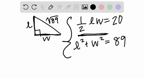 a-right-triangle-with-a-hypotenuse-of-sqrt89-has-an-area-of-20-square-inches-find-the-lengths-of-the