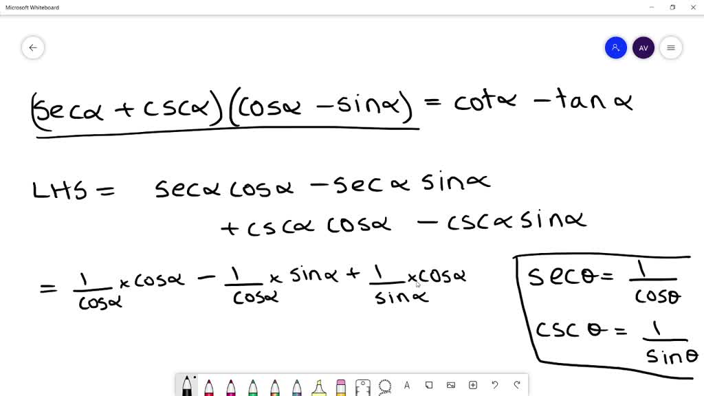 SOLVED:Verify that each equation is an identity. See Examples 1-5 (\sec ...