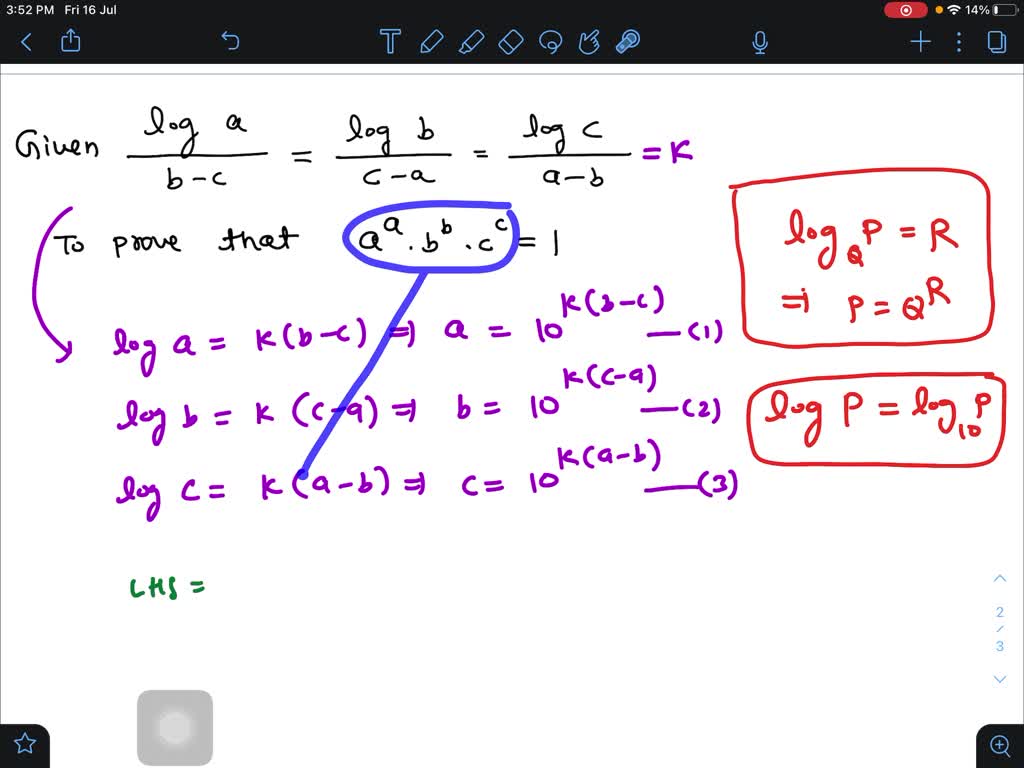 SOLVED: If (loga)/(b-c)=(logb)/(c-a)=(logc)/(a-b), Prove That A^a ·b^b ...