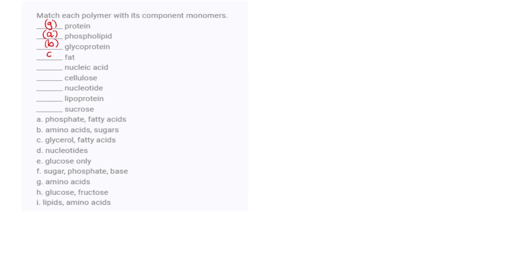 SOLVEDMatch each polymer with its component monomers. protein