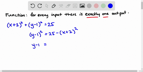 Solved In Exercises 19 36 Determine Whether The Equation Represents Y As A Function Of X X 2 2 Y 1 2 25