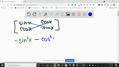 SOLVED:Find the determinant of the matrix. [ sin x cos x cos x -sin x ]