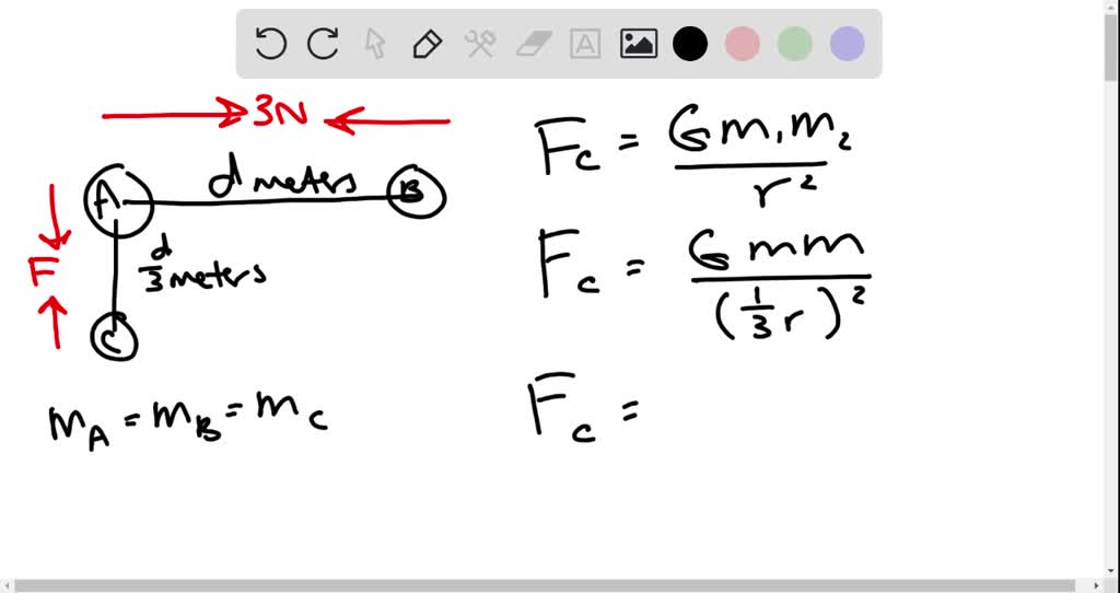 Three equal masses, A, B, and C, are arranged as shown in the diagram