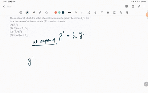 the-depth-of-at-which-the-value-of-acceleration-due-to-gravity-becomes-1-mathrmn-the-time-the-value-