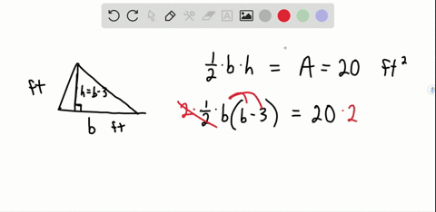 the-area-of-a-triangle-is-20-square-feet-if-the-height-is-three-feet-less-than-the-base-find-the-len