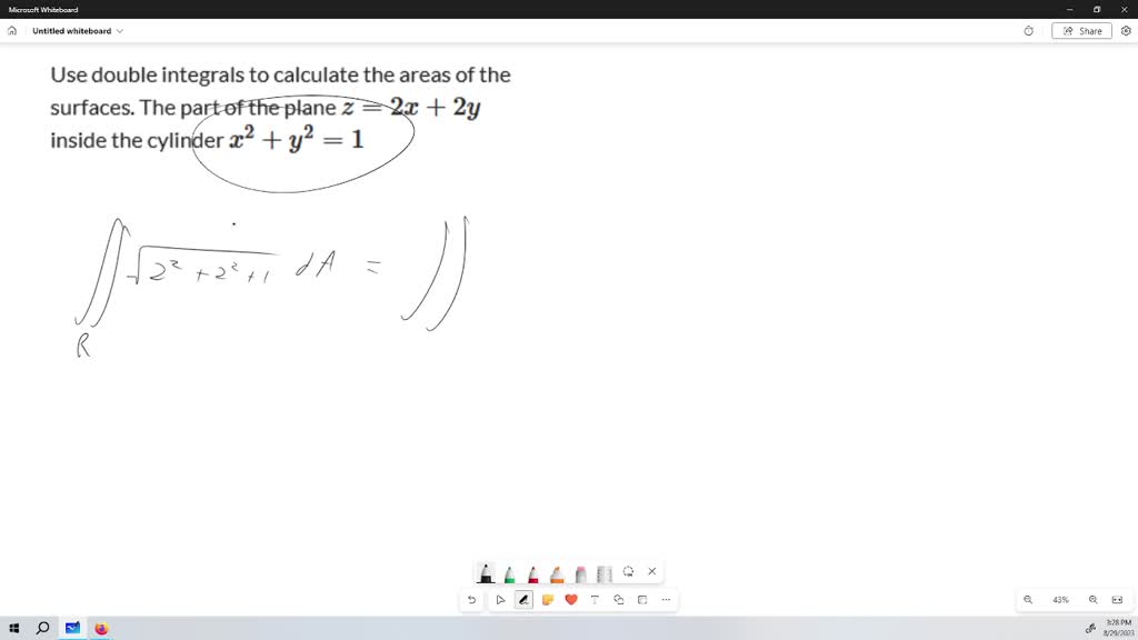 Use double integrals to calculate the areas of the surfaces.
The part of the plane $z=2 x+2 y$ inside the cylinder $x^{2}+y^{2}=1$