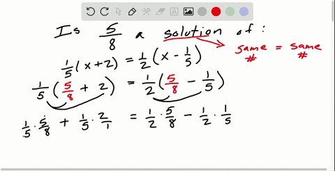 determine-whether-the-given-number-is-a-solution-of-the-equation-frac15x2frac12leftx-frac15right-fra