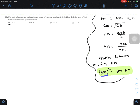 the-ratio-of-geometric-and-arithmetic-mean-of-two-real-numbers-is-3-5-then-find-the-ratio-of-their-h