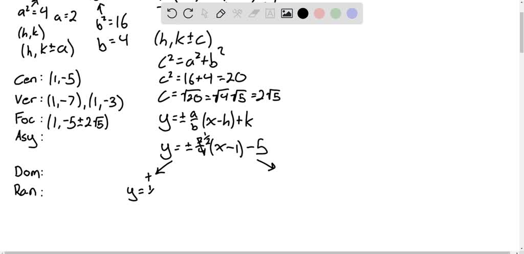 SOLVED:Graph each hyperbola. Give the domain, range, center, vertices ...