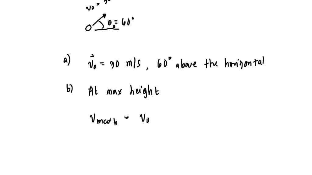 A projectile is fired from ground level at an angle of $60^{\circ}$ above the horizontal with an initial speed of $30 \mathrm{~m} / \mathrm{s}$. What are the magnitude and direction (relative to horizontal) of its instantaneous velocity at
(a) the moment it is fired, (b) the moment it reaches its maximum height, and (c) the moment before it hits the ground?