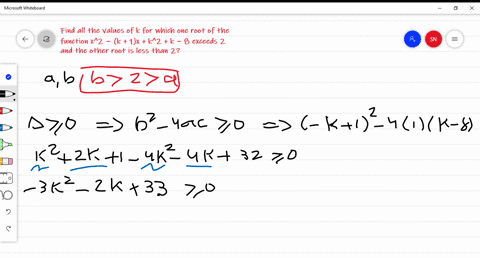 find-all-the-values-of-k-for-which-one-root-of-the-function-x2-k1-xk2k-8-exceeds-2-and-the-other-roo