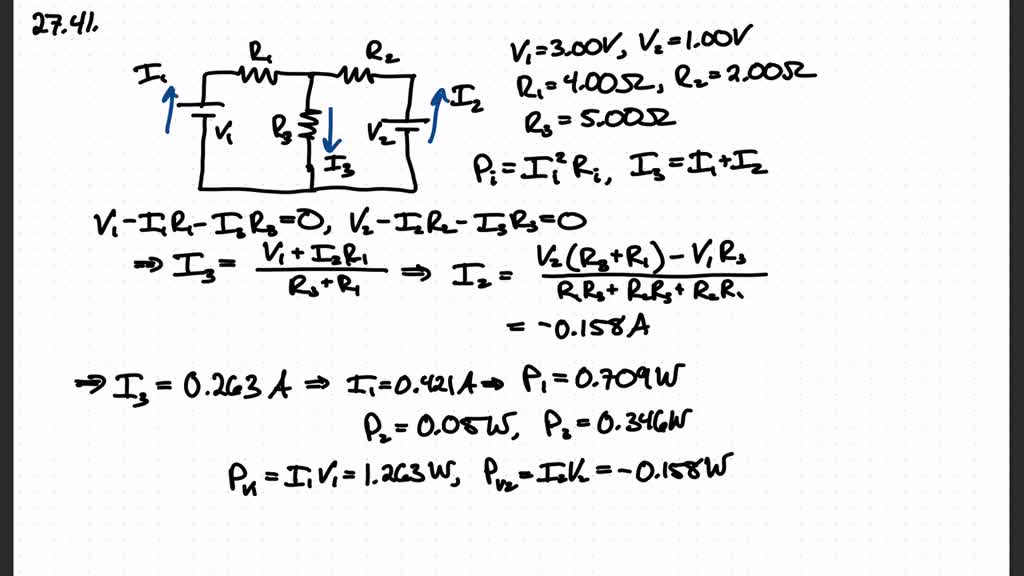 SOLVED:In Fig. 27-41, ℰ1=3.00 V, ℰ2= 1.00 V, R1=4.00 Ω, R2=2.00 Ω, R3 ...