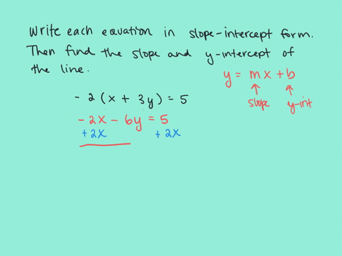 SOLVED:Write each equation in slope–intercept form. Then find the slope ...