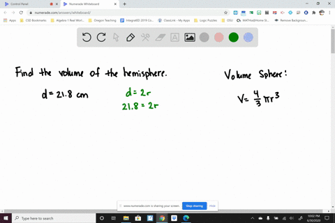 find volume of hemisphere with diameter