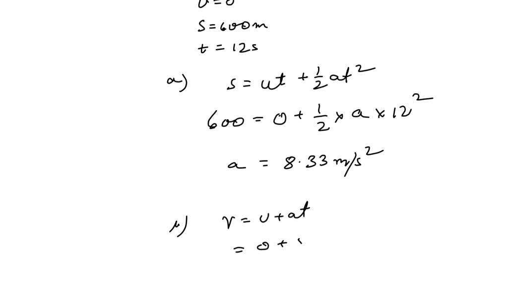 A plane starts from rest and accelerates uniformly in a straight line along the ground before takeoff. It moves $600 \mathrm{~m}$ in $12 \mathrm{~s}$. Find $(a)$ the acceleration, $(b)$ speed at the end of $12 \mathrm{~s}$, and $(c)$ the distance moved during the twelfth second.