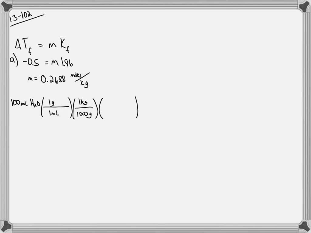 How much ethylene glycol $\left(\mathrm{C}_{2} \mathrm{H}_{6} \mathrm{O}_{2}\right)$ would you need to add to a 100 -mL sample of water to decrease the freezing point of water to the each temperature?
(a) $-0.5^{\circ} \mathrm{C}$
(b) $-2.2^{\circ} \mathrm{C}$
(c) $-5.4^{\circ} \mathrm{C}$