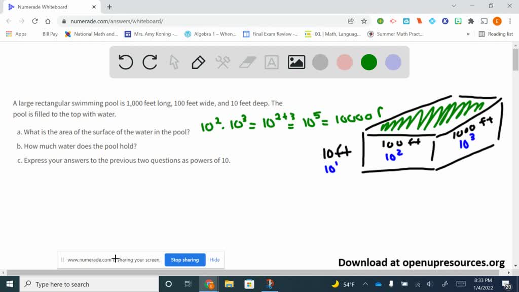 SOLVED:A large rectangular swimming pool is 1,000 feet long, 100 feet ...