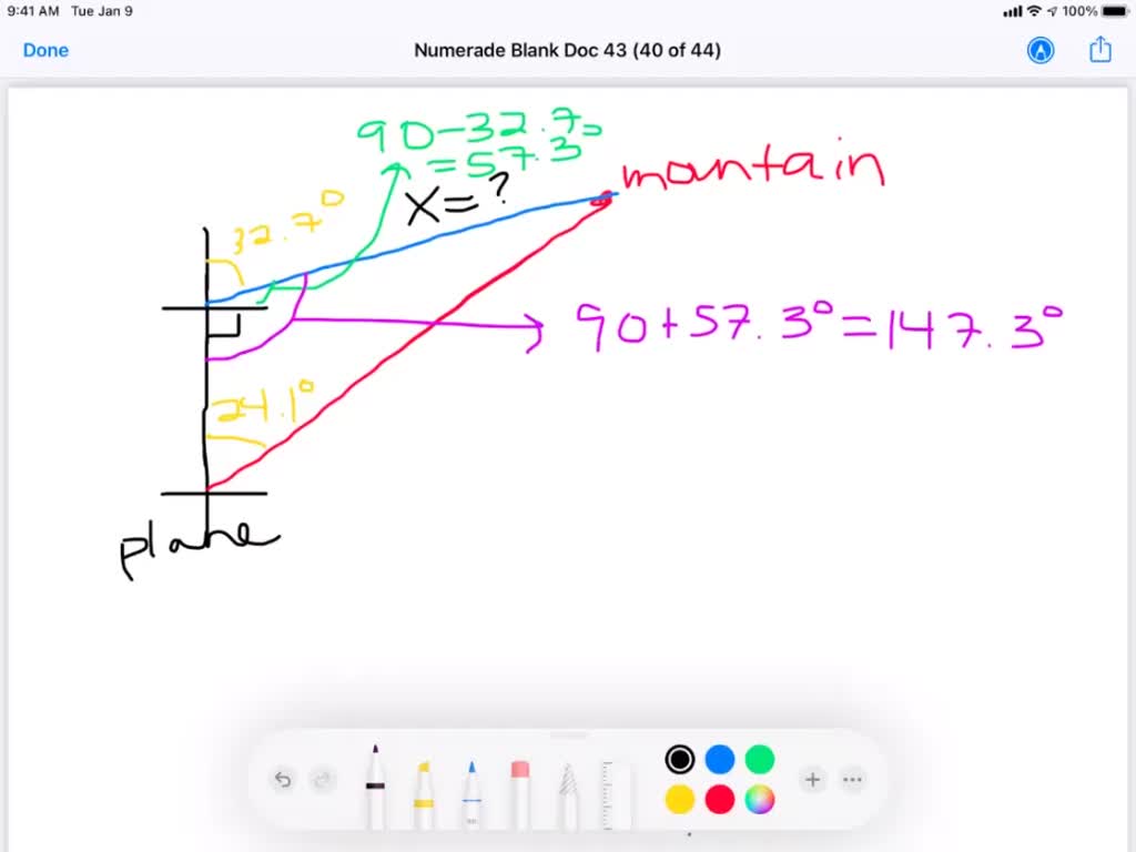 Solve each problem. See Examples $1-4$.
A person in a plane flying straight north observes a mountain at a bearing of $24.1^{\circ} .$ At that time, the plane is $7.92 \mathrm{km}$ from the mountain. A short time later, the bearing to the mountain becomes $32.7^{\circ} .$ How far is the airplane from the mountain when the second bearing is taken?