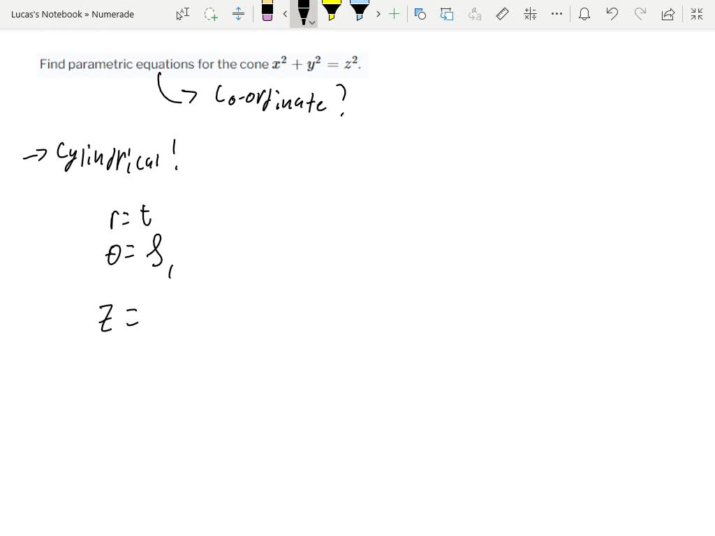 SOLVEDFind parametric equations for the cone x^2+y^2=z^2.