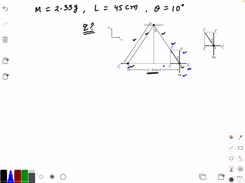 two-spheres-each-of-mass-m233-mathrmg-are-attached-by-pieces-of-string-of-length-l450-mathrmcm-to-a-