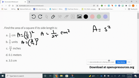 find-the-area-of-a-square-if-its-side-length-is-a-frac15-mathrmcm-b-frac37-units-c-frac118-inches-d-