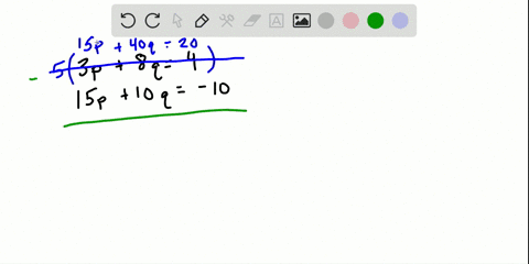 SOLVED:Solve Problems. 3 p+8 q= 4 15 p+10 q= -10