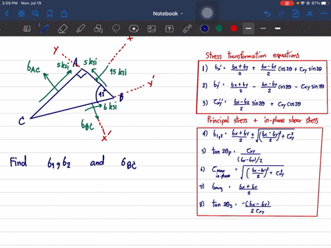 planes-a-b-and-b-c-at-a-point-are-subjected-to-the-stresses-shown-determine-the-principal-stresses-a