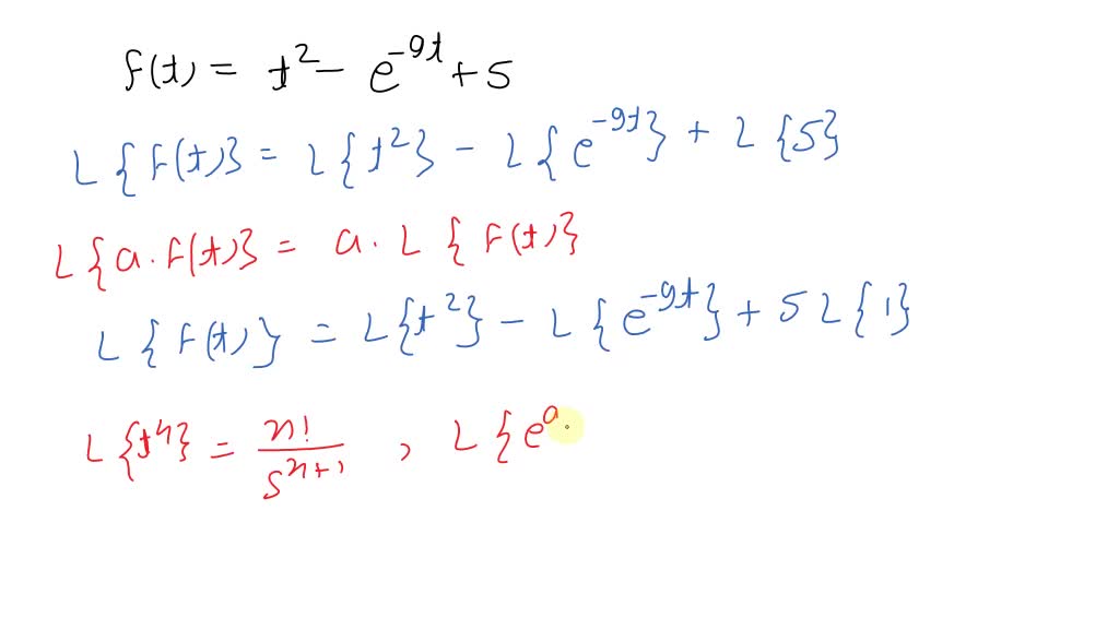 ⏩SOLVED:Use Theorem 7.1 .1 to find ℒ{f(t)} f(t)=t^2-e^-9 t+5 | Numerade