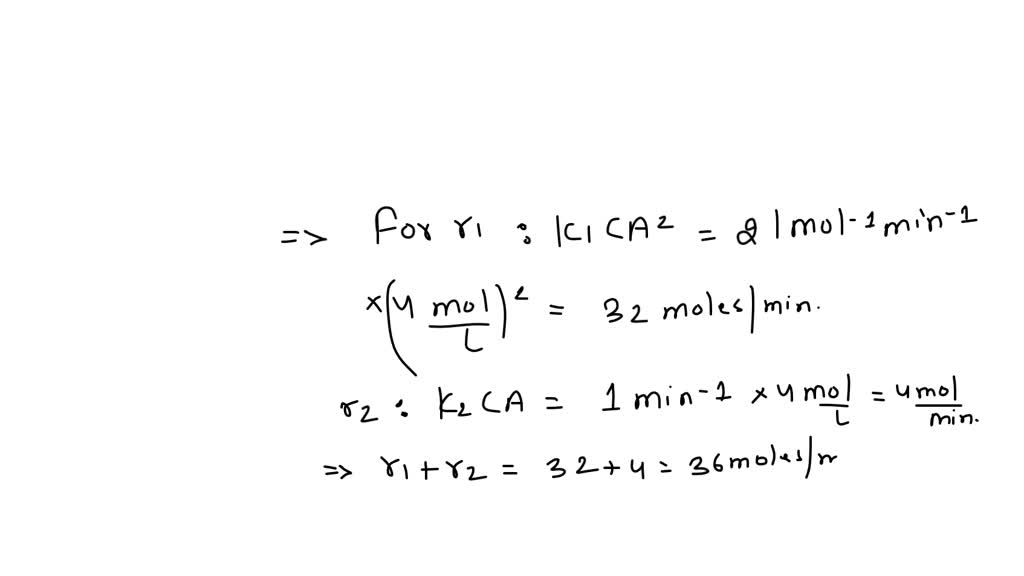  Find $X_A, S_B, Y_B$, and $F_B$ in a PFTR and in a CSTR for the reactions

$$
\begin{array}{ll}
A \rightarrow B, & r_1=k_1 C_{A^2} \\
A \rightarrow C, & r_2=k_2 C_A
\end{array}
$$

with $k_1=2$ liter $\mathrm{mole}^{-1} \mathrm{~min}^{-1}, k_2=1 \mathrm{~min}^{-1}, \mathrm{v}=20$ liters $/ \mathrm{min}, V=100$ liters, and $C_{A \mathrm{o}}=4$ moles/liter.
