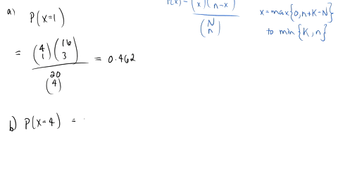suppose-x-has-a-hypergeometric-distribution-with-n20-n4-and-k4-determine-the-following-a-px1-b-px4-c