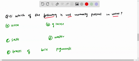 which-of-the-following-is-not-normally-present-in-urine-a-urea-b-glucose-c-salts-d-water-e-traces-of