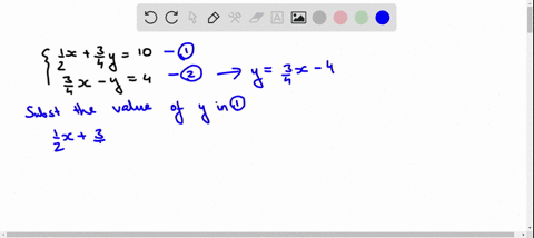 solve-the-system-by-the-method-of-substitution-leftbeginarrayl-frac12-xfrac34-y10-frac34-x-y4-endarr