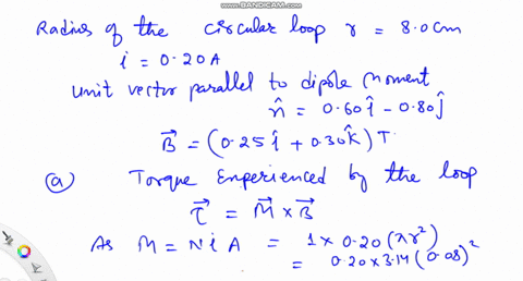 a-circular-loop-of-wire-having-a-radius-of-80-mathrmcm-carries-a-current-of-020-mathrma-a-vector-o-2