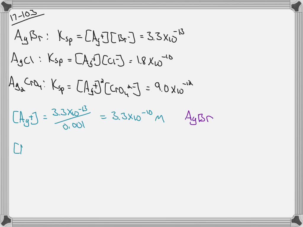 An aqueous solution contains these ions:
\begin{tabular}{lc}
\hline Ion & Concentration (M) \\
\hline $\mathrm{Br}^{-}$ & $0.0010$ \\
$\mathrm{Cl}^{-}$ & $0.0010$ \\
$\mathrm{CrO}_{4}^{2-}$ & $0.0010$ \\
\hline
\end{tabular}
A solution of silver nitrate is added dropwise to the aqueous solution. Which silver salt will precipitate first? Last?