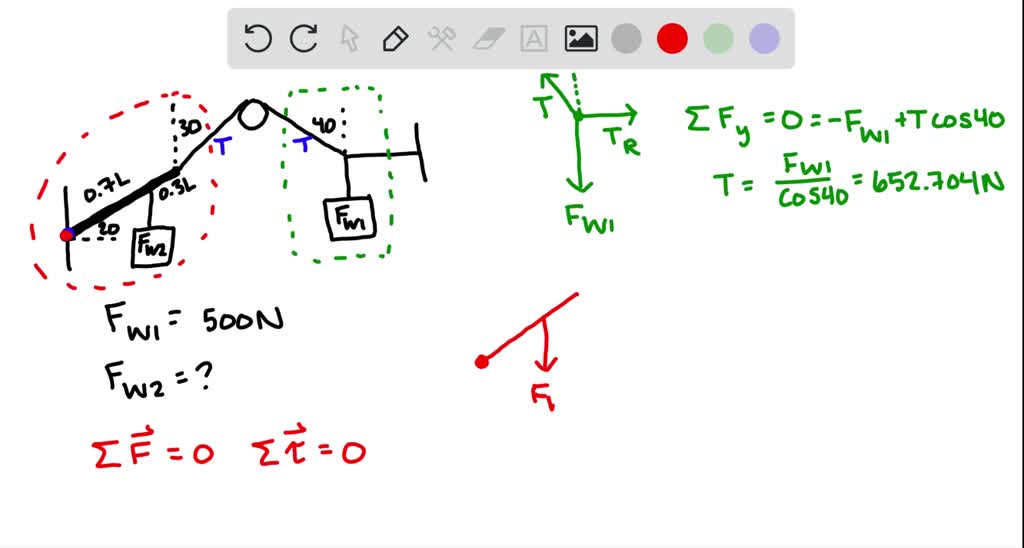 The beam in Fig. 5-24 has negligible weight. If the system hangs in equilibrium when $F_{W 1}=500 \mathrm{~N}$, what is the value of $F_{W 2}$ ?