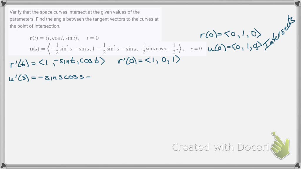 Solvedverify That The Space Curves Intersect At The Given Values Of The Parameters Find The 