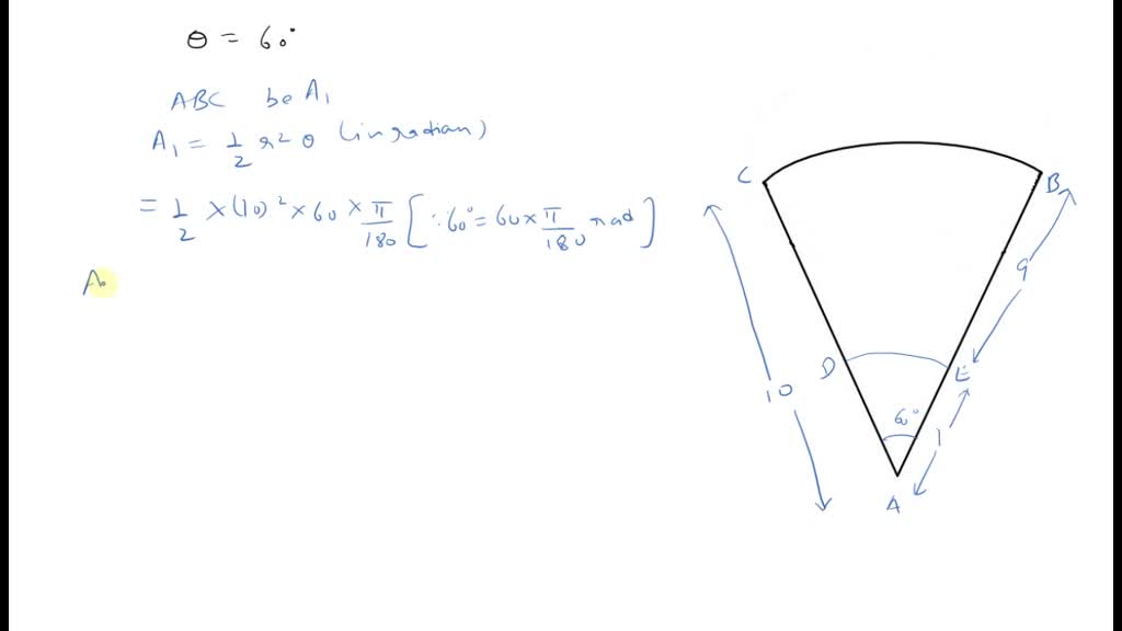 SOLVEDAn automobile windshicld wiper 10 inches long rotates through an angle of 60^∘ . If the
