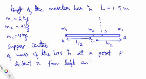 three-masses-are-attached-to-a-15-m-long-massless-bar-mass-1-is-2-kg-and-is-attached-to-the-far-left